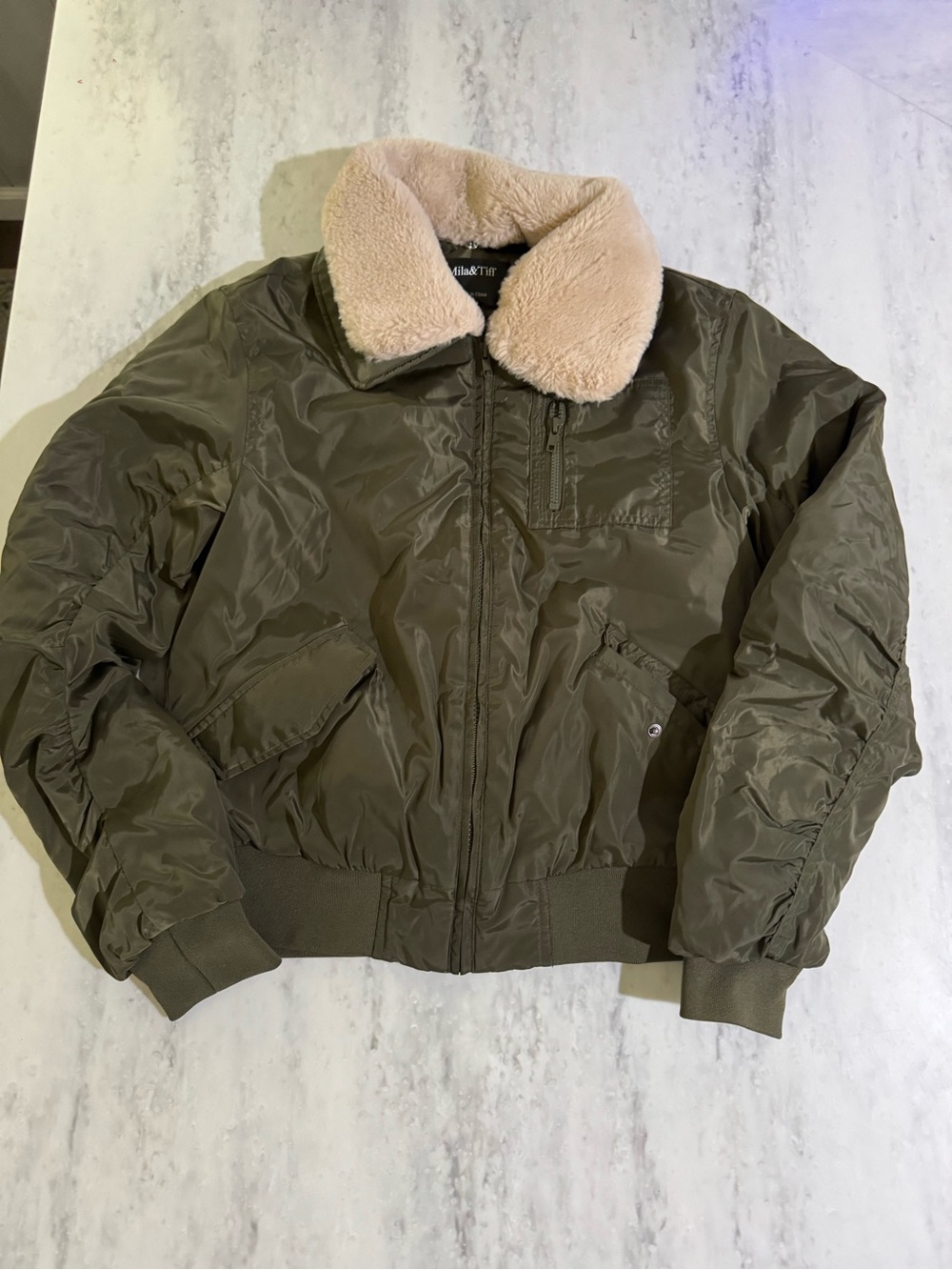 NEW Olive Army Green Bomber Jacket with Soft Cozy Removable Shearling Collar S